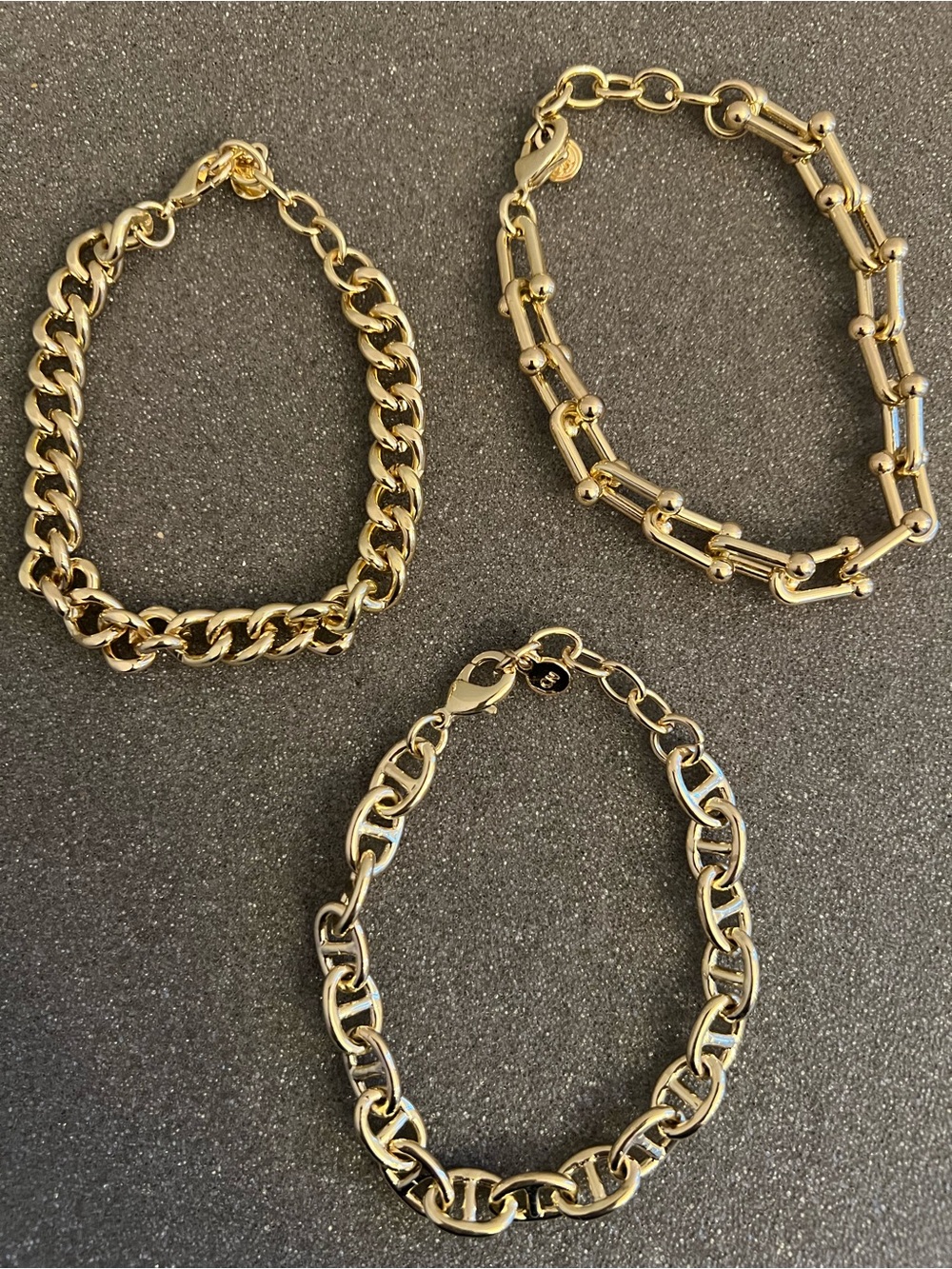 Lot of 3 Gold Tone Signed Curb Chain Bracelets w/ Lobster Clasp Closure